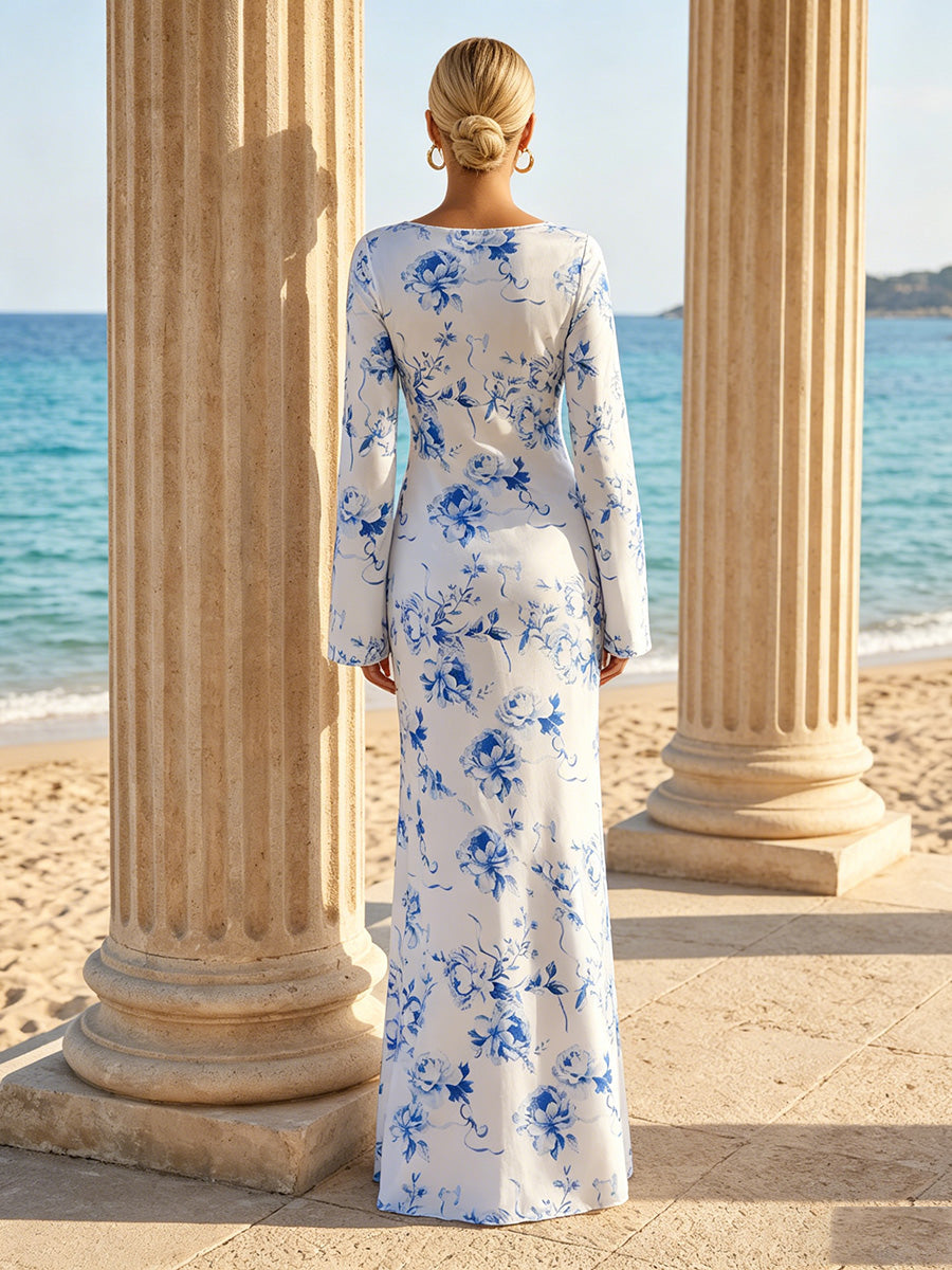 Satin Mermaid V Neck Floral Print Simple Formal Dresses