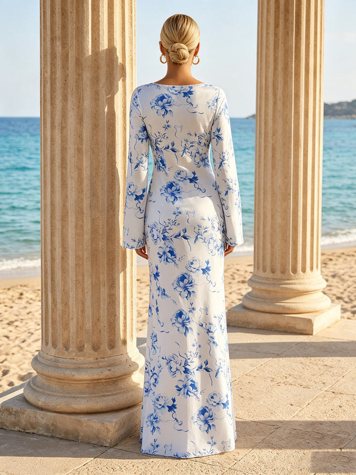 Satin Mermaid V Neck Floral Print Simple Formal Dresses