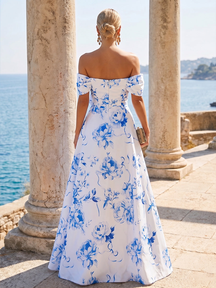 Satin A Line Off the Shoulder 3D Flowers Ruched Formal Dresses