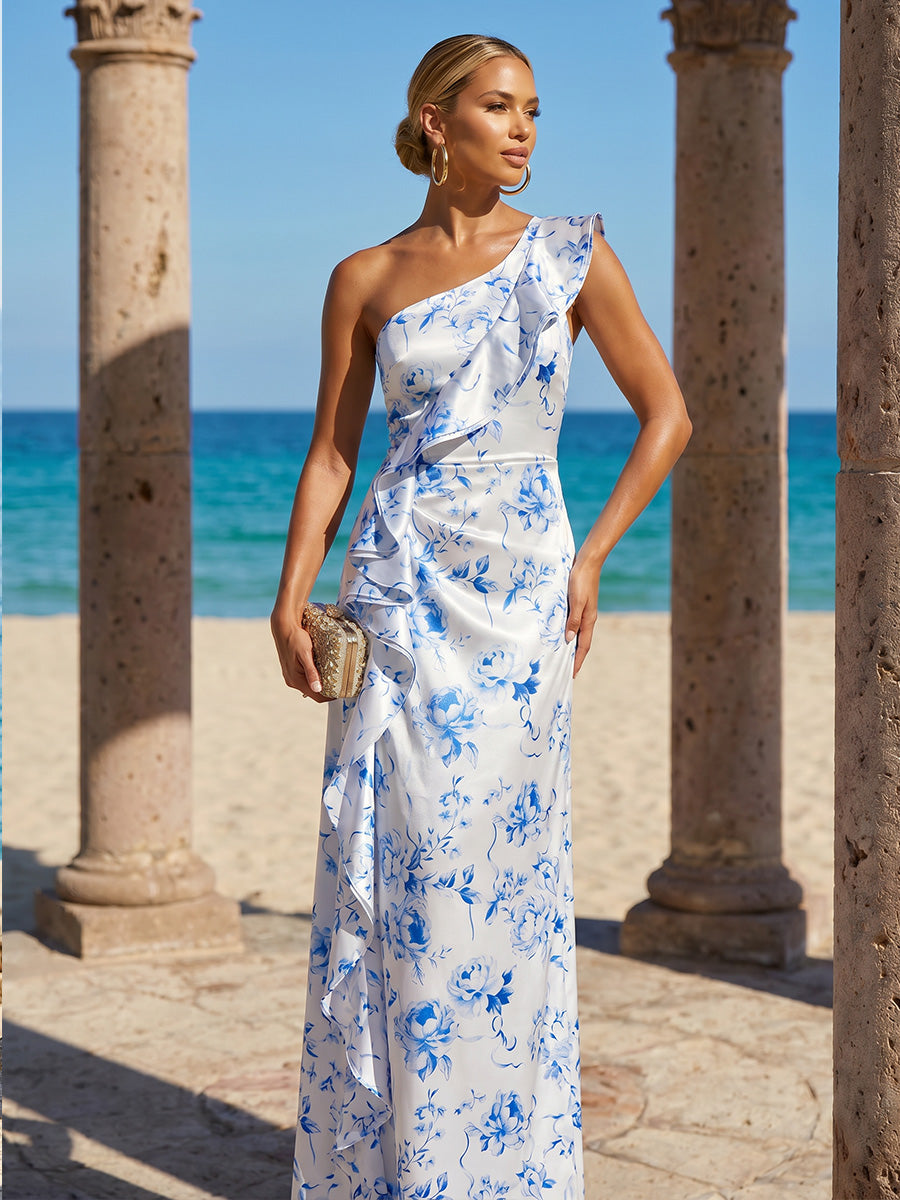 Satin Mermaid One Shoulder Floral Print Ruffles Formal Dresses
