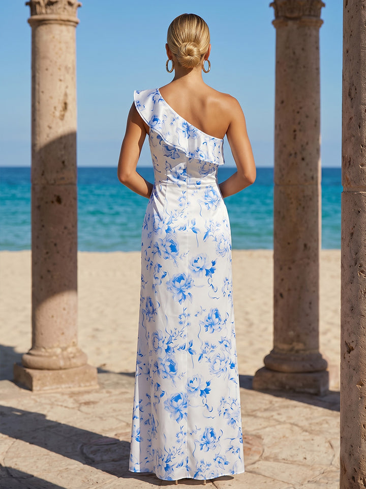 Satin Mermaid One Shoulder Floral Print Ruffles Formal Dresses
