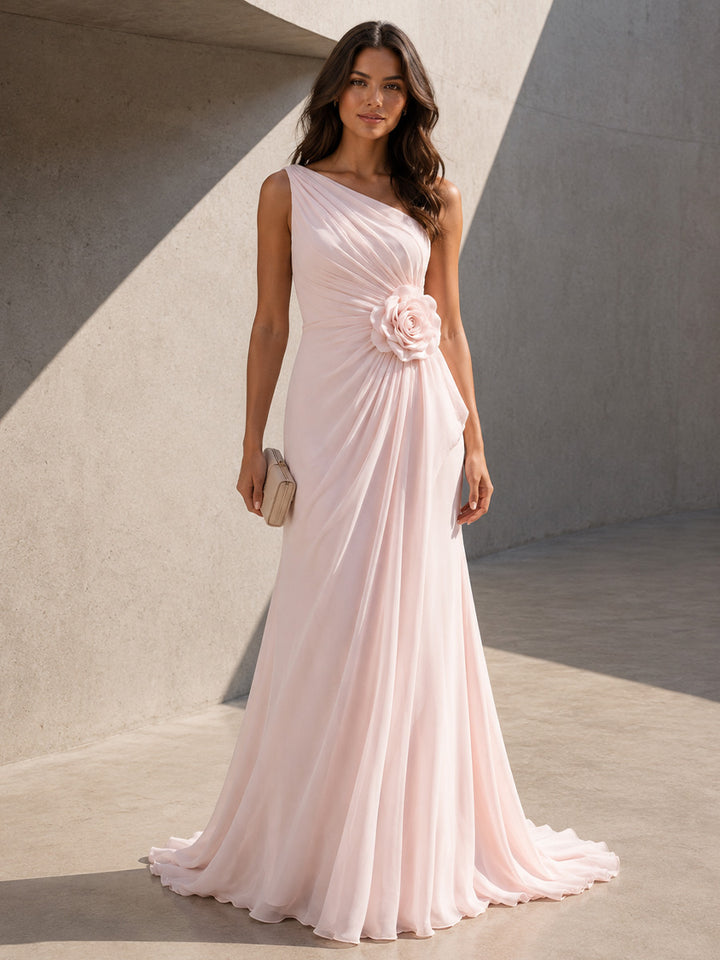 Chiffon A Line One Shoulder 3D Flowers Ruched Formal Dresses for Women