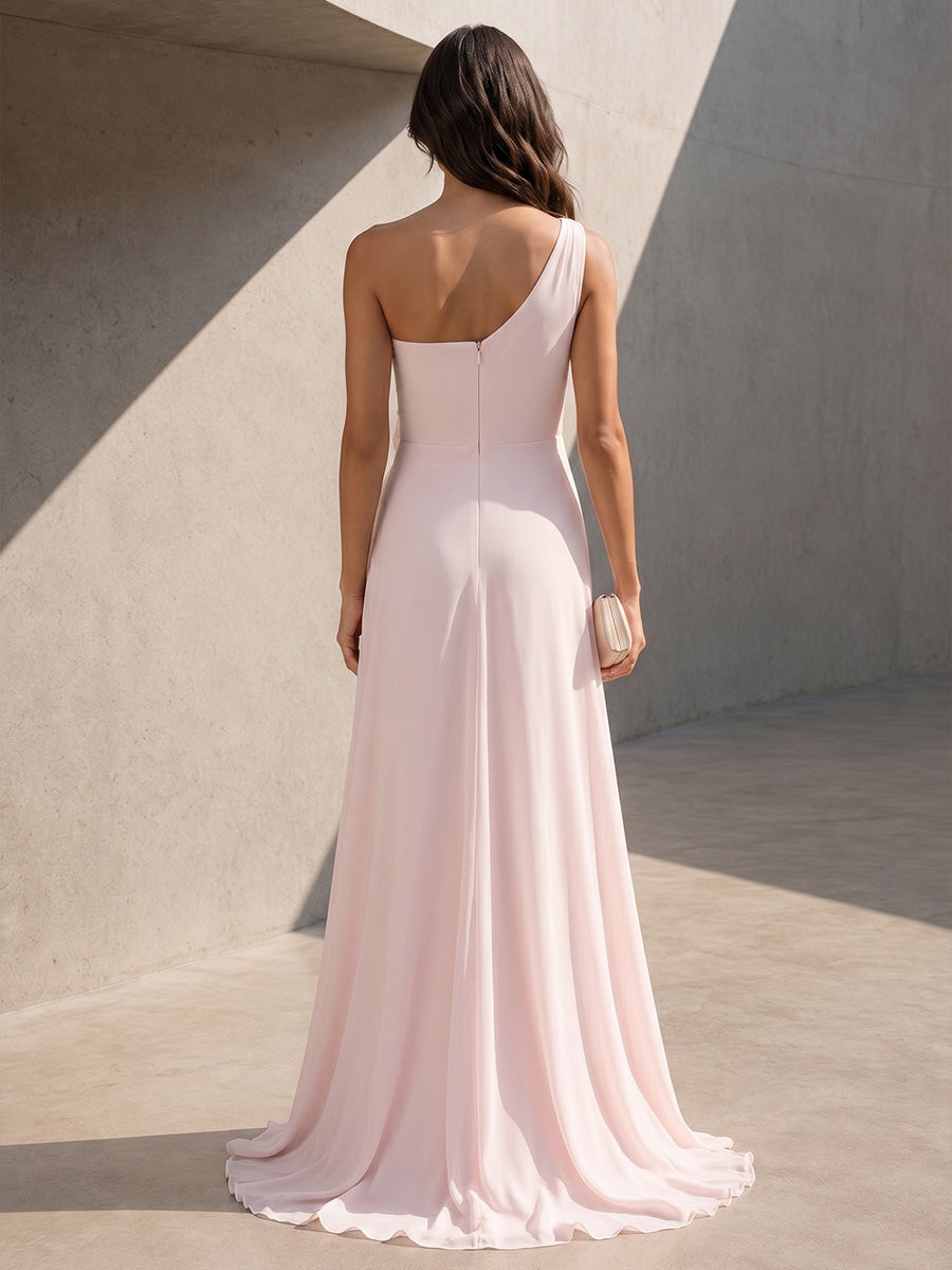 Chiffon A Line One Shoulder 3D Flowers Ruched Formal Dresses for Women