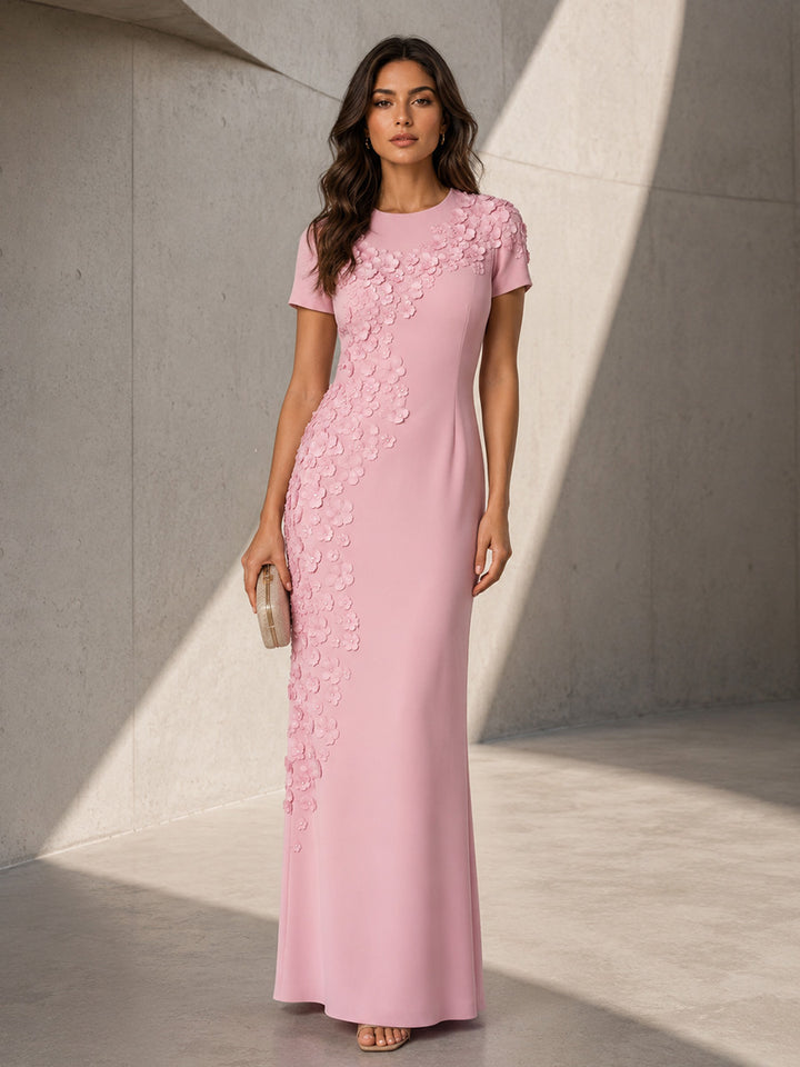 Satin Mermaid Scoop Neck Simple 3D Flowers Formal Dresses for Women