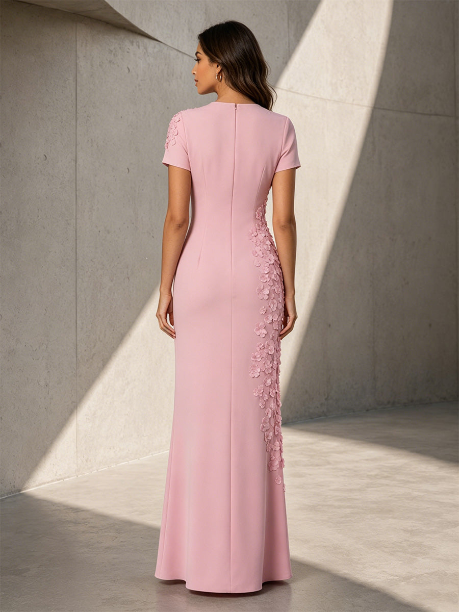 Satin Mermaid Scoop Neck Simple 3D Flowers Formal Dresses for Women