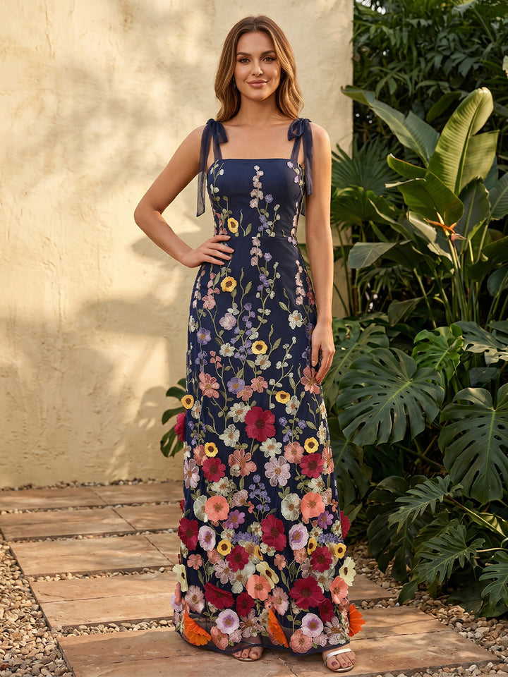 Tulle Sheath Square Neck Floral Embroidery Spaghetti Straps Formal Dresses for Women