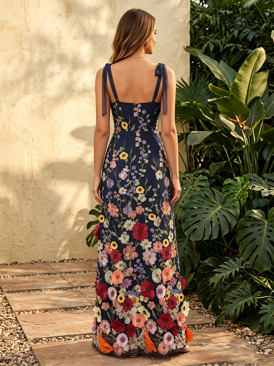 Tulle Sheath Square Neck Floral Embroidery Spaghetti Straps Formal Dresses for Women