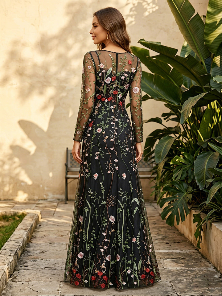 Tulle A Line Scoop Neck Ruched Floral Embroidery Formal Dresses for Women