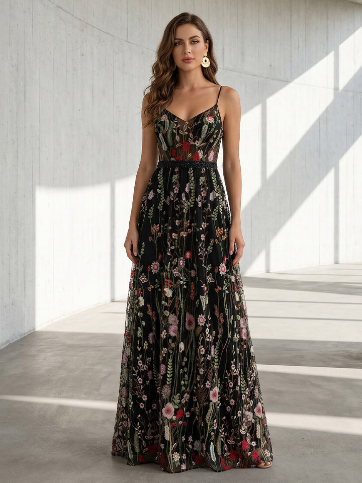Tulle A Line V Neck Spaghetti Straps Floral Embroidery Formal Dresses
