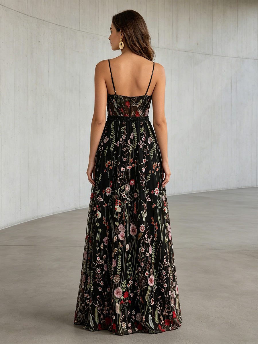 Tulle A Line V Neck Spaghetti Straps Floral Embroidery Formal Dresses