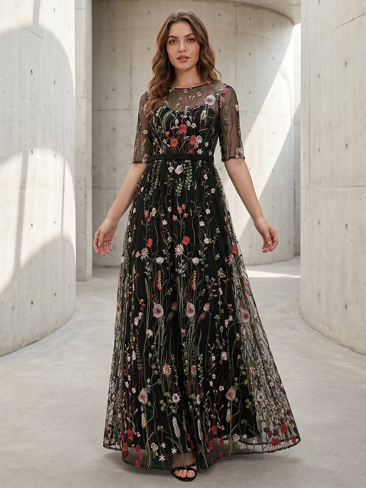 Tulle A Line Scoop Neck Short Sleeves Floral Embroidery Formal Dresses