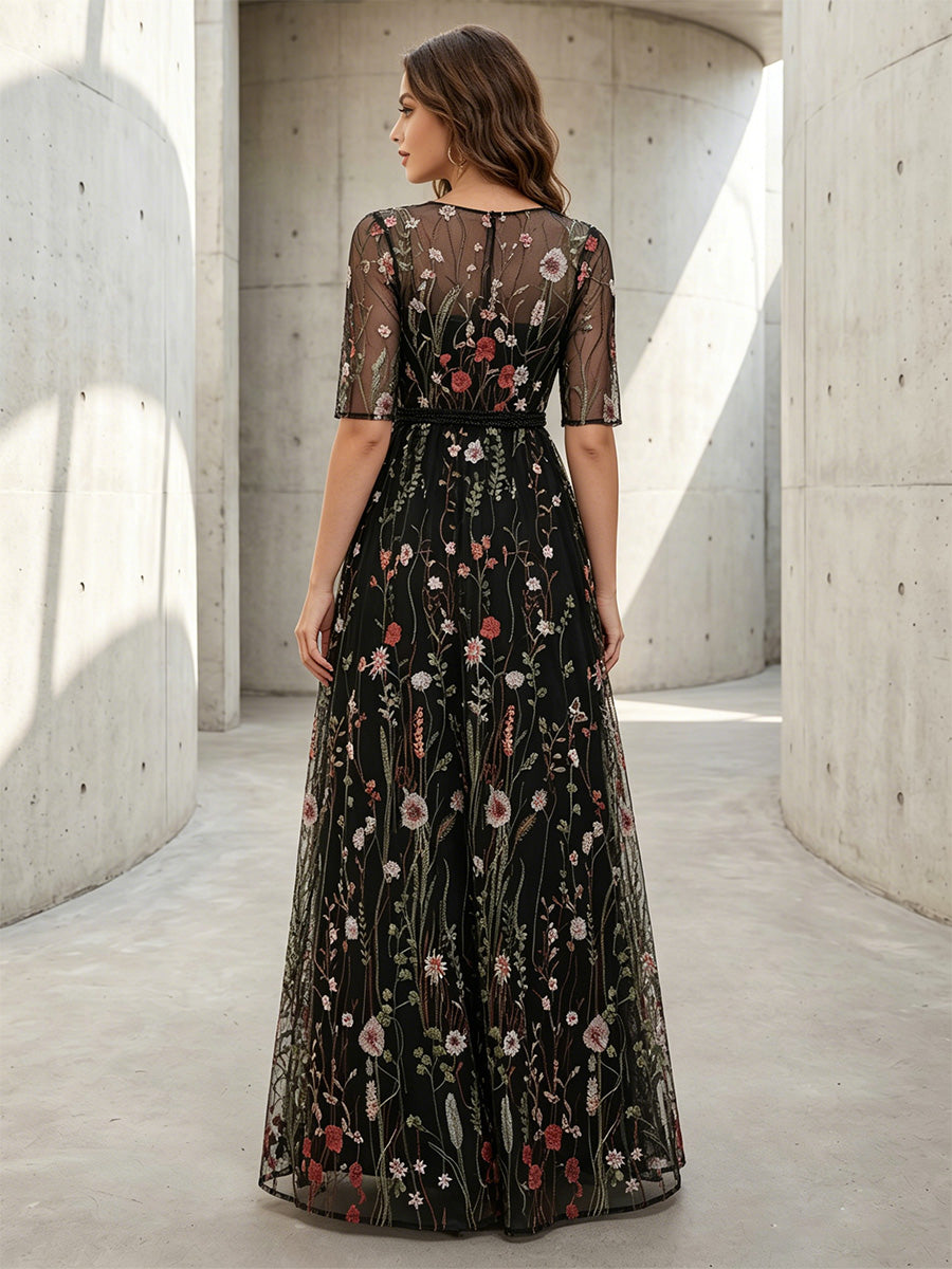 Tulle A Line Scoop Neck Short Sleeves Floral Embroidery Formal Dresses