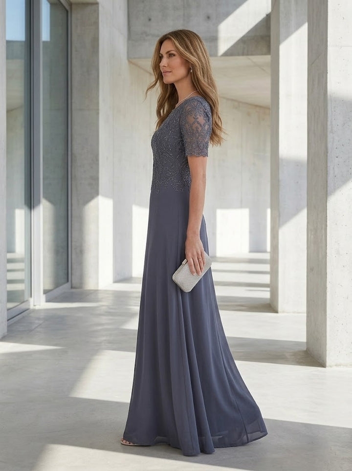 Satin Mermaid Scoop Neck Lace Appliques Formal Dresses for Women
