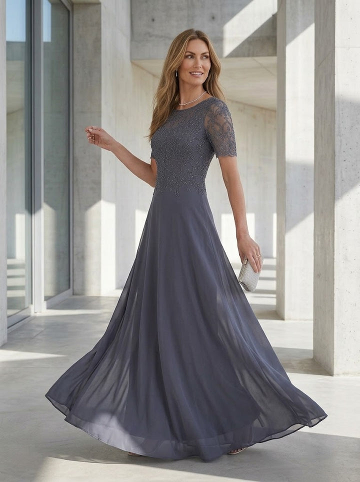 Satin Mermaid Scoop Neck Lace Appliques Formal Dresses for Women