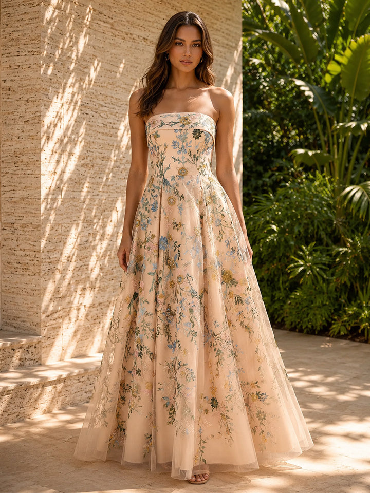 Tulle A Line Strapless Floral Embroidery Pleats Formal Dresses