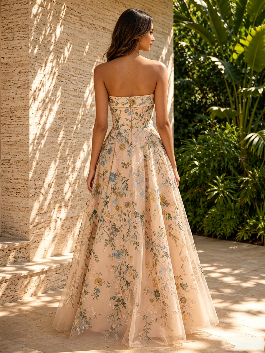 Tulle A Line Strapless Floral Embroidery Pleats Formal Dresses