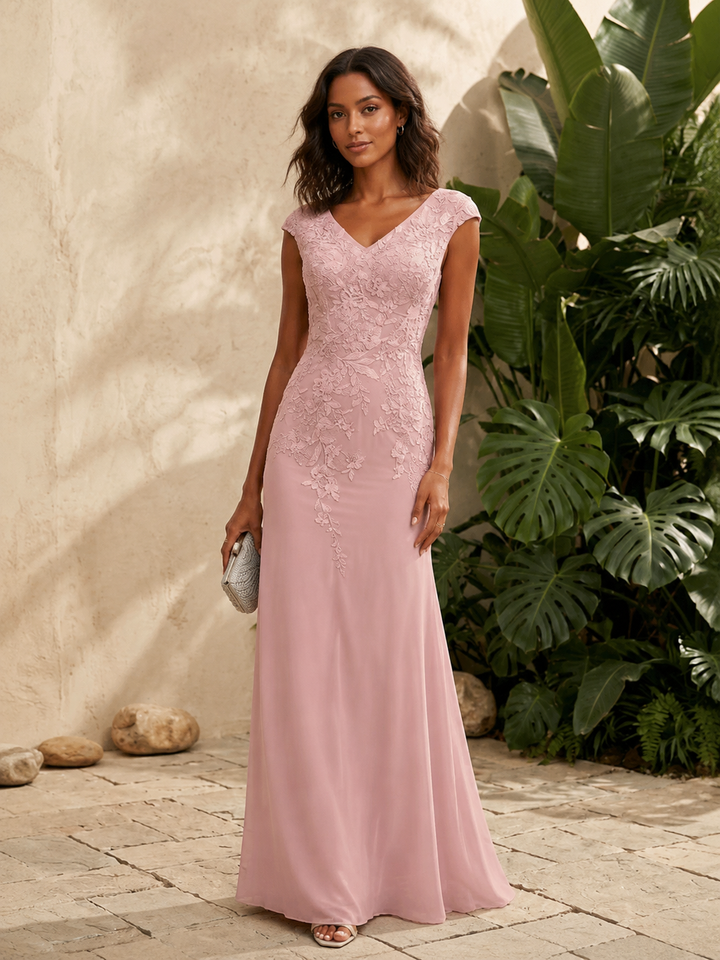 Chiffon Sheath V Neck Lace Appliques Formal Dresses for Women