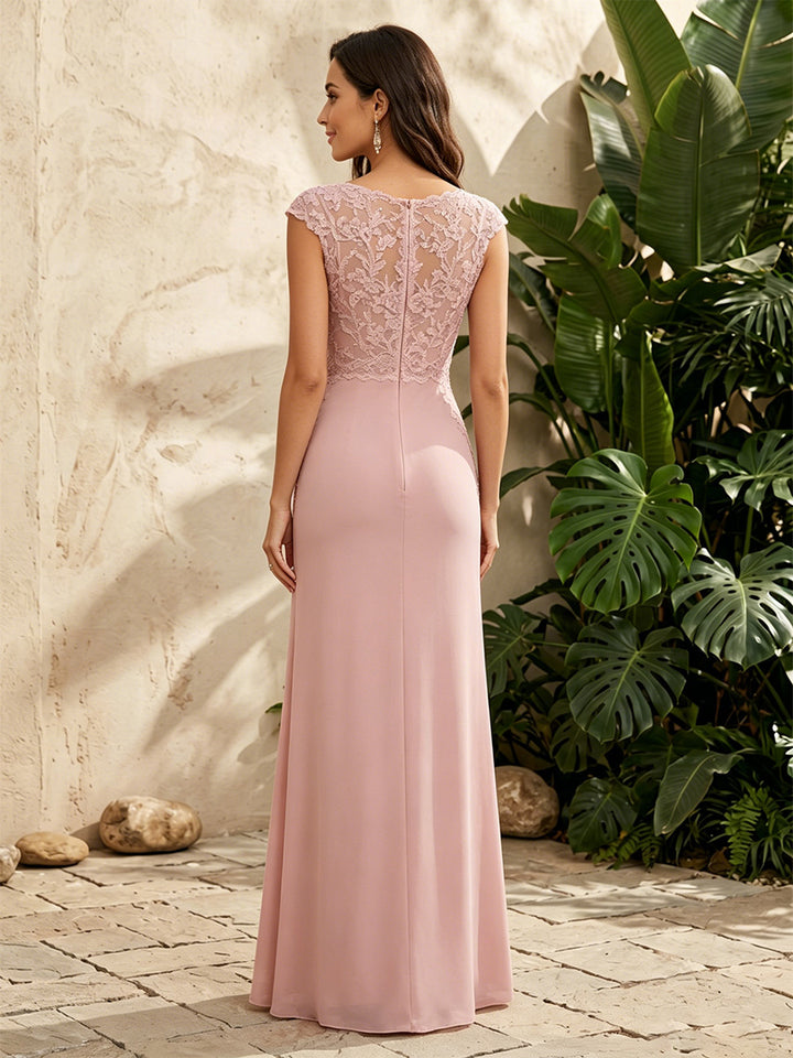 Chiffon Sheath V Neck Lace Appliques Formal Dresses for Women