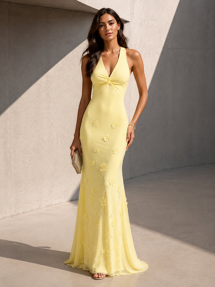 Stretch Mesh Mermaid V Neck 3D Flowers Twisted Formal Dresses