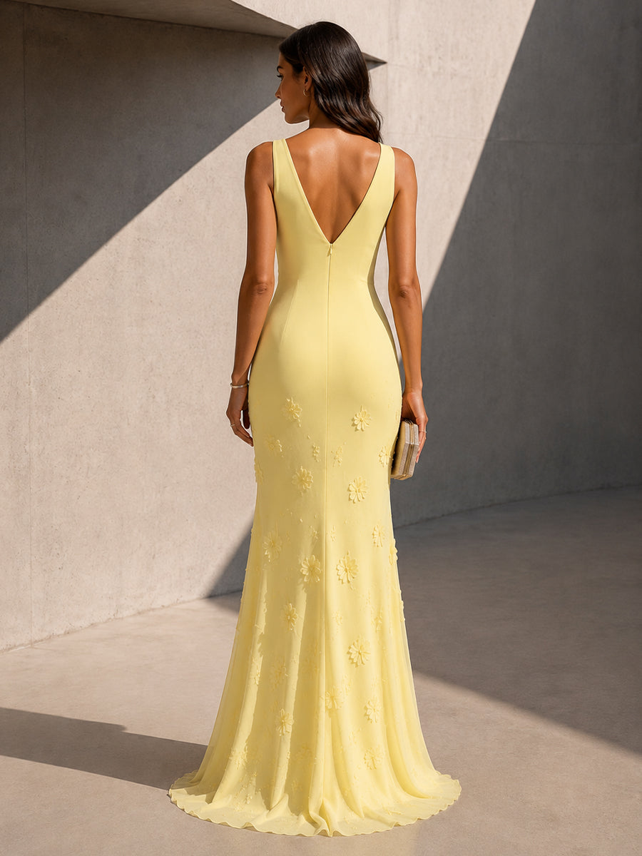 Stretch Mesh Mermaid V Neck 3D Flowers Twisted Formal Dresses