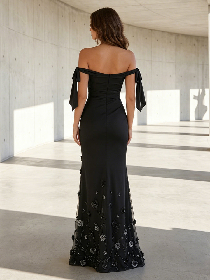 Satin Mermaid Off the Shoulder Ruched 3D Flowers Formal Dresses with Slit