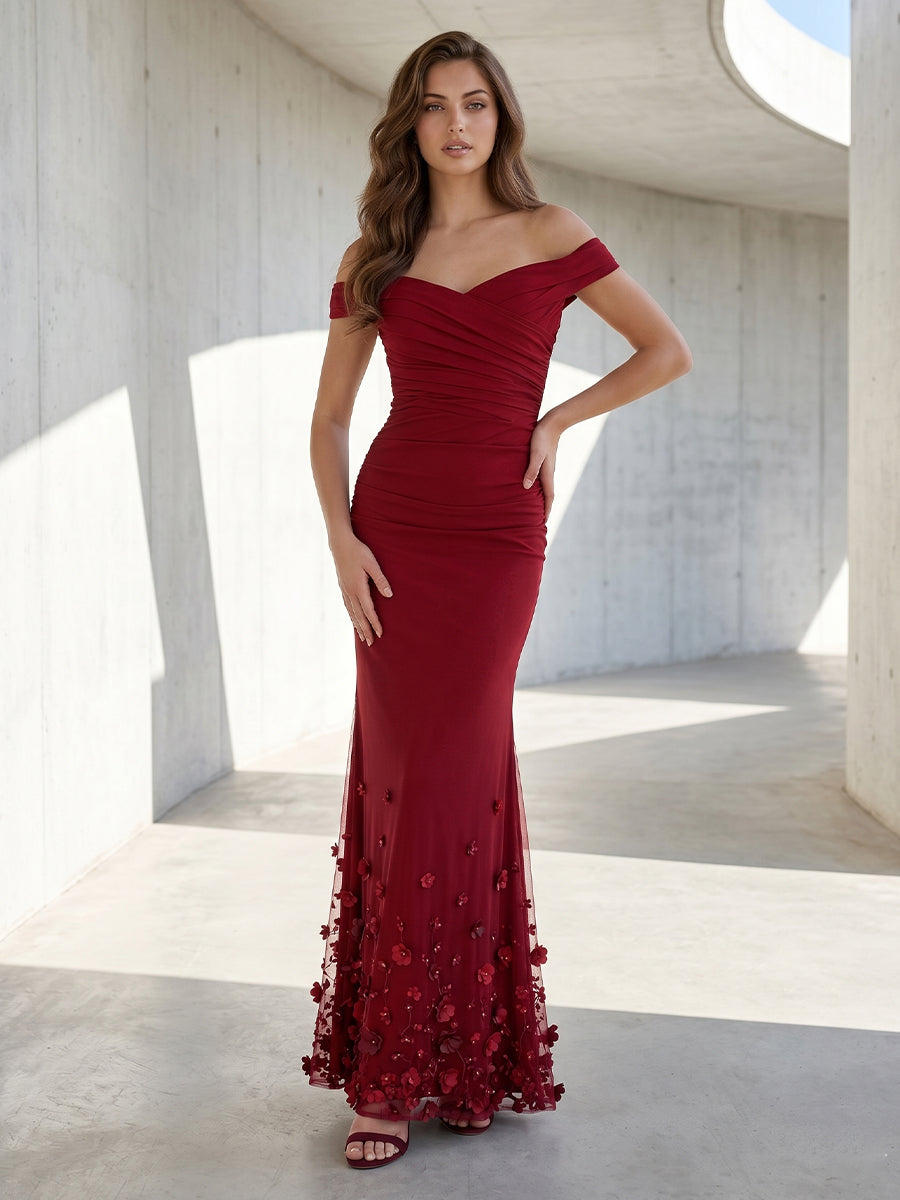 Satin Mermaid Off the Shoulder 3D Flowers Ruched Formal Dresses