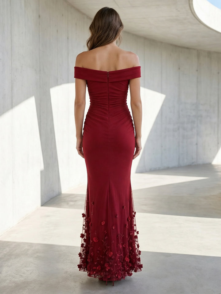 Satin Mermaid Off the Shoulder 3D Flowers Ruched Formal Dresses