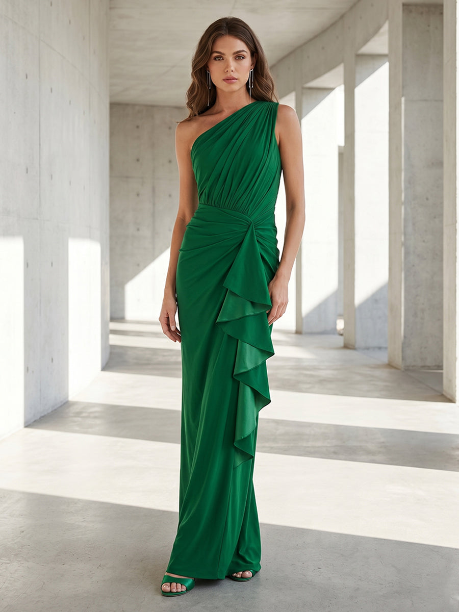 Satin Mermaid One Shoulder Ruffles Ruched Formal Dresses