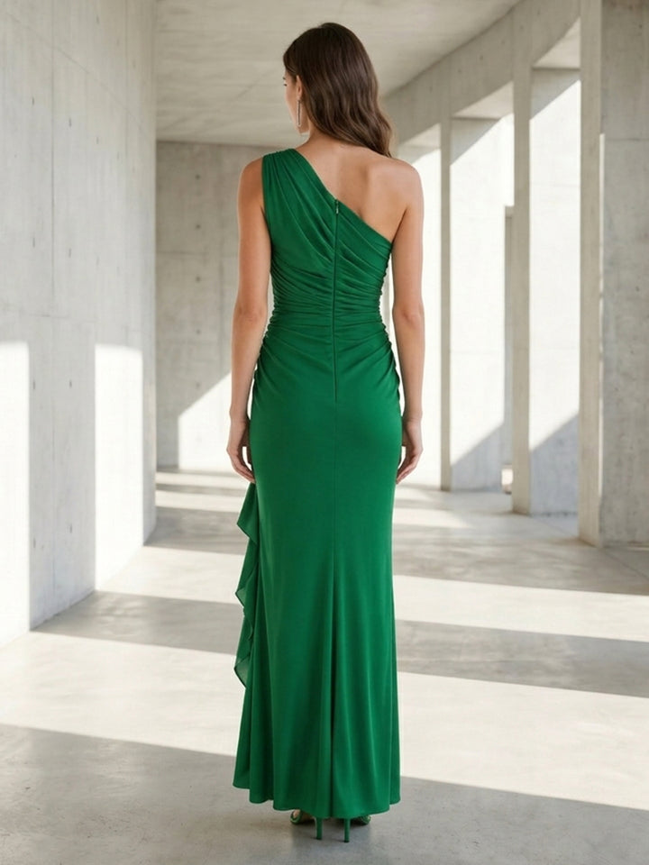Satin Mermaid One Shoulder Ruffles Ruched Formal Dresses