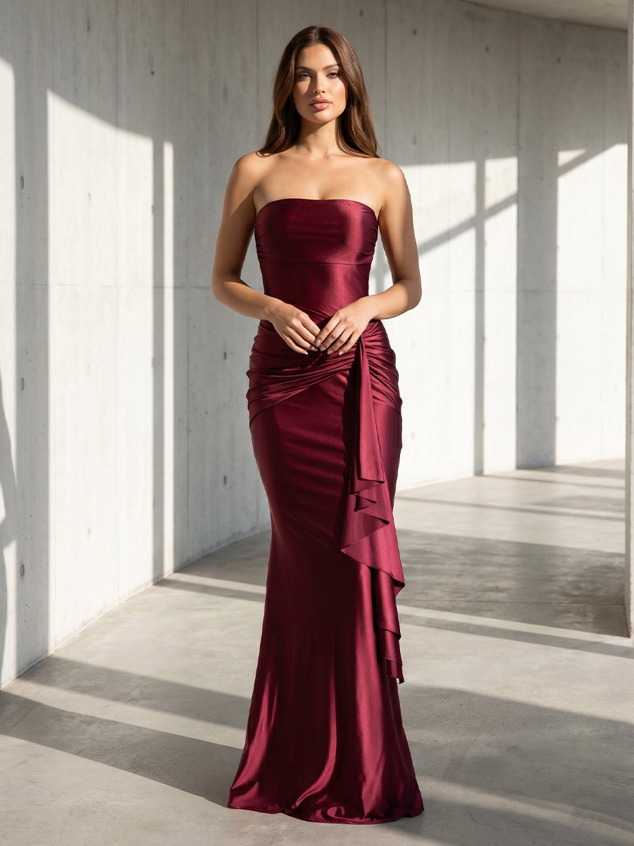 Satin Mermaid Strapless Ruffles Ruched Formal Dresses