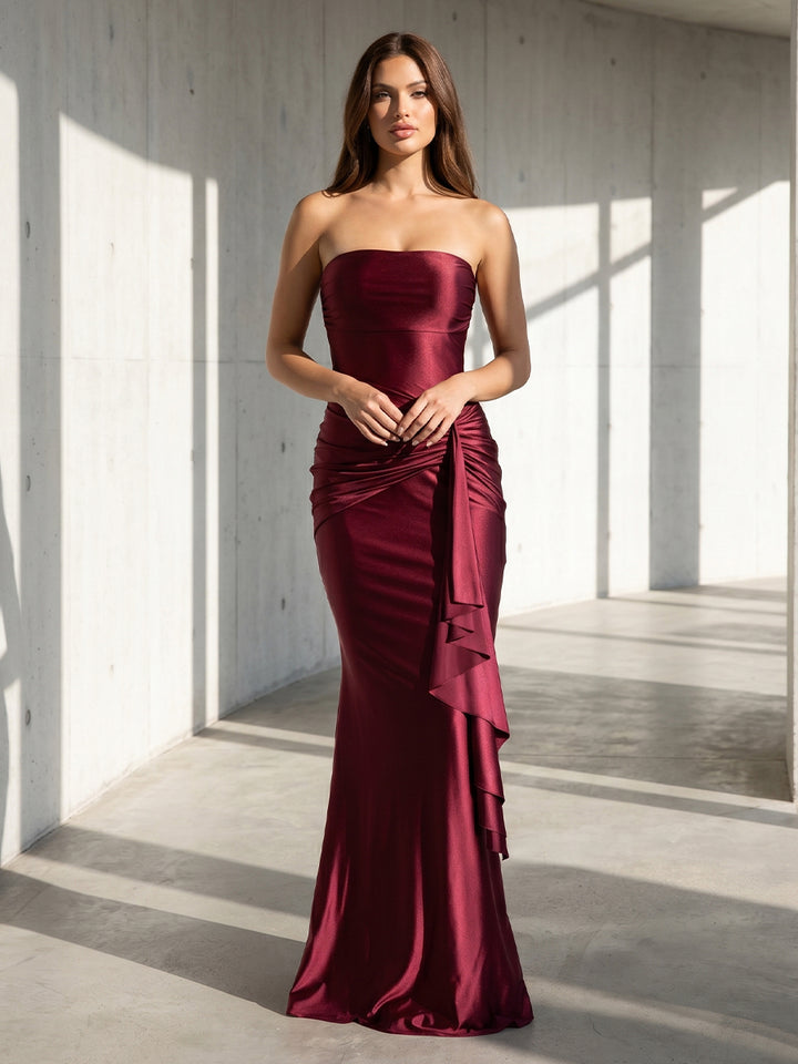 Satin Mermaid Strapless Ruffles Ruched Formal Dresses