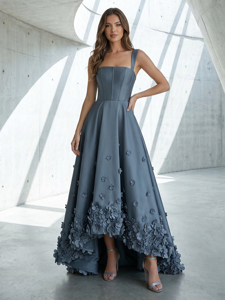 Satin A Line Square Neck 3D Flowers Ruched Formal Dresses