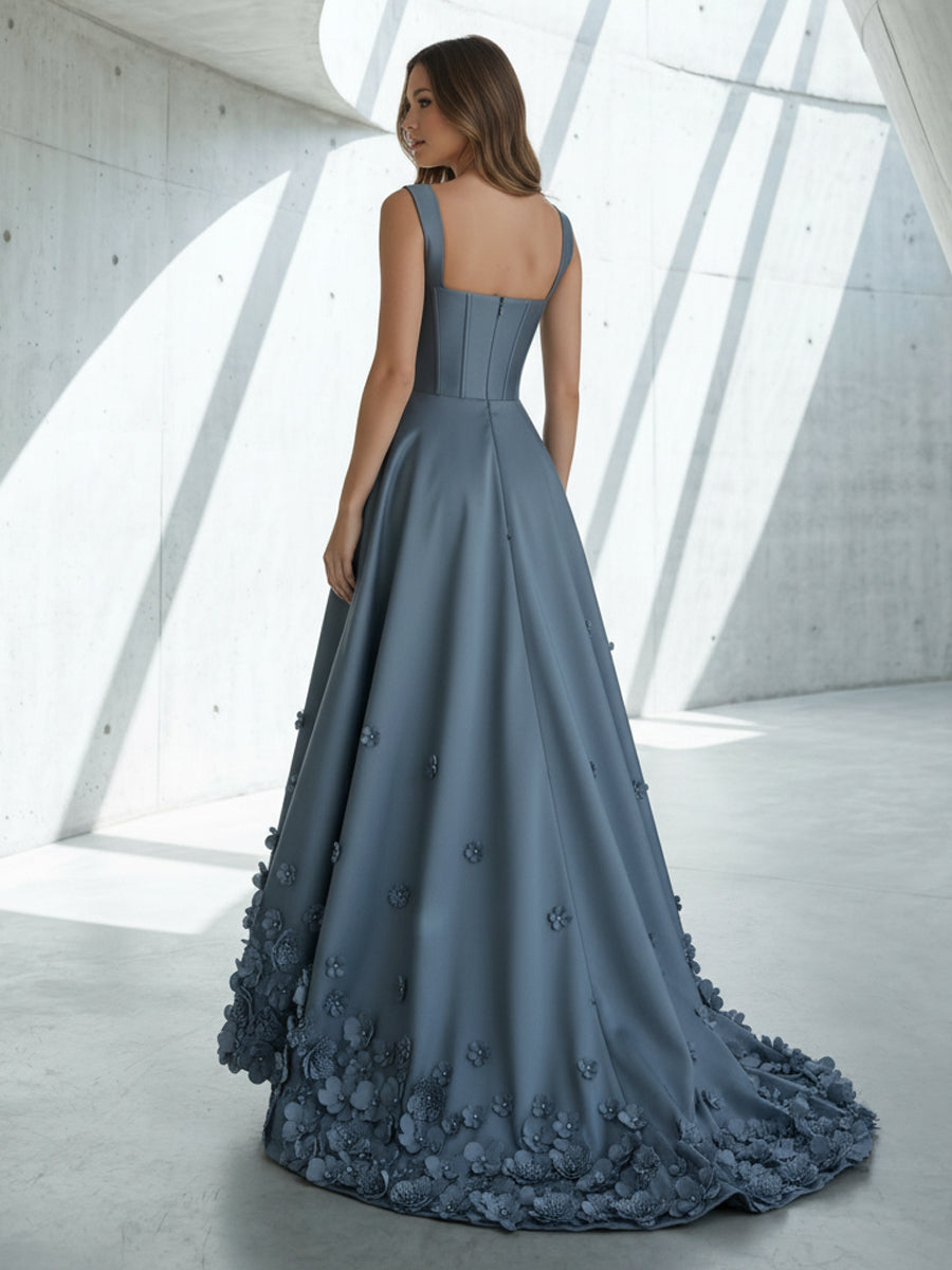 Satin A Line Square Neck 3D Flowers Ruched Formal Dresses