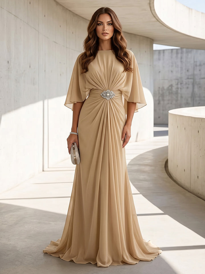 Chiffon A Line Jewel Neck Ruched High Waist Formal Dresses