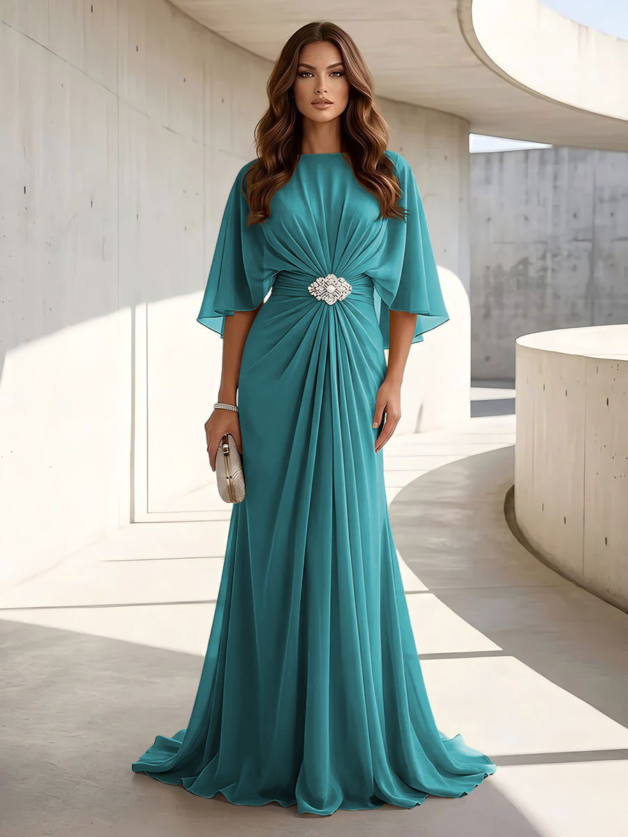 Chiffon A Line Jewel Neck Ruched High Waist Formal Dresses
