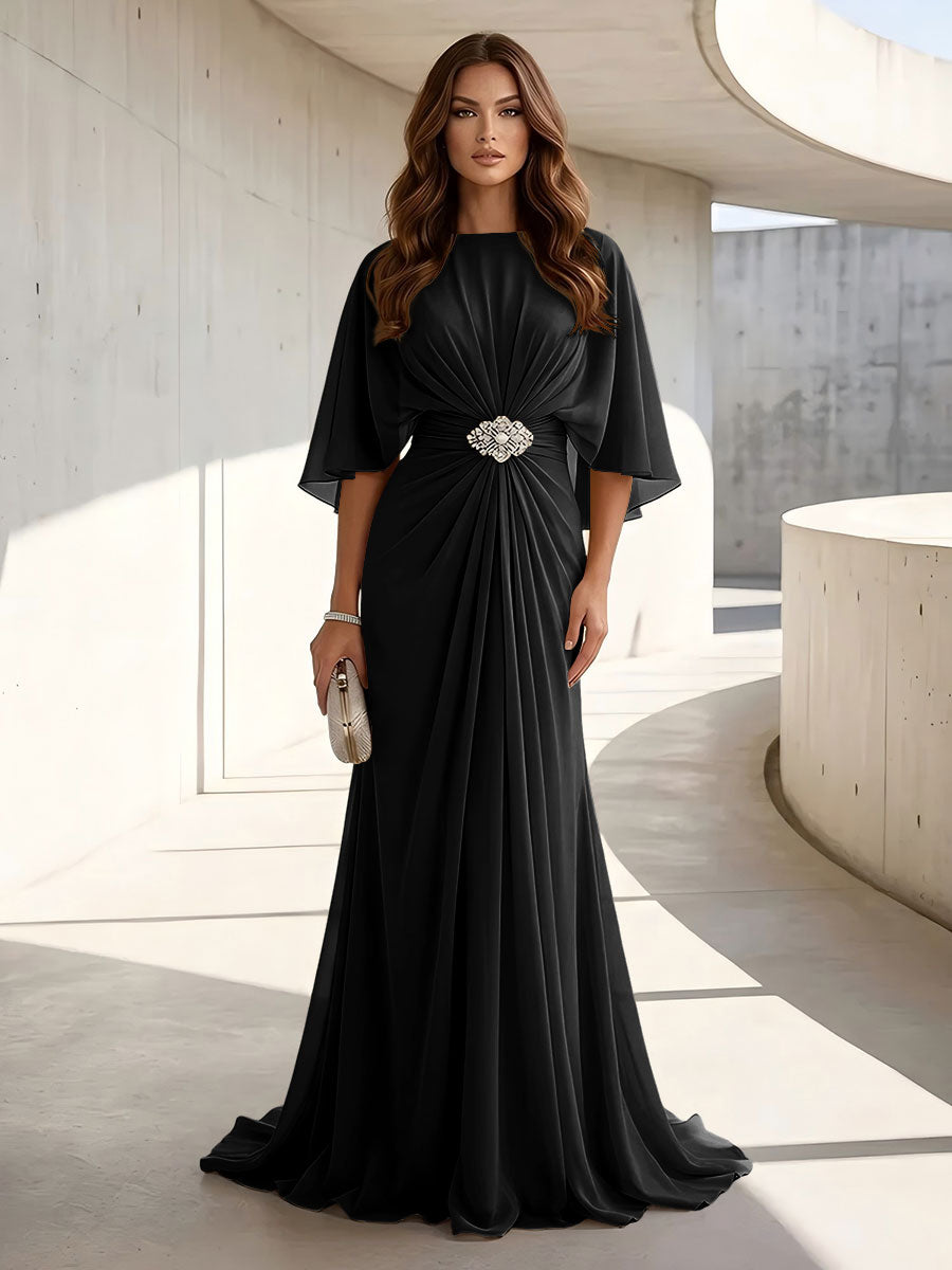 Chiffon A Line Jewel Neck Ruched High Waist Formal Dresses