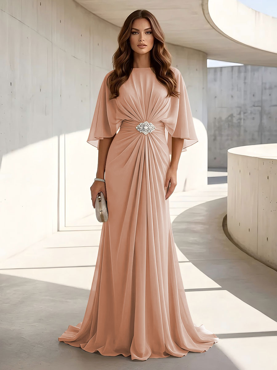 Chiffon A Line Jewel Neck Ruched High Waist Formal Dresses