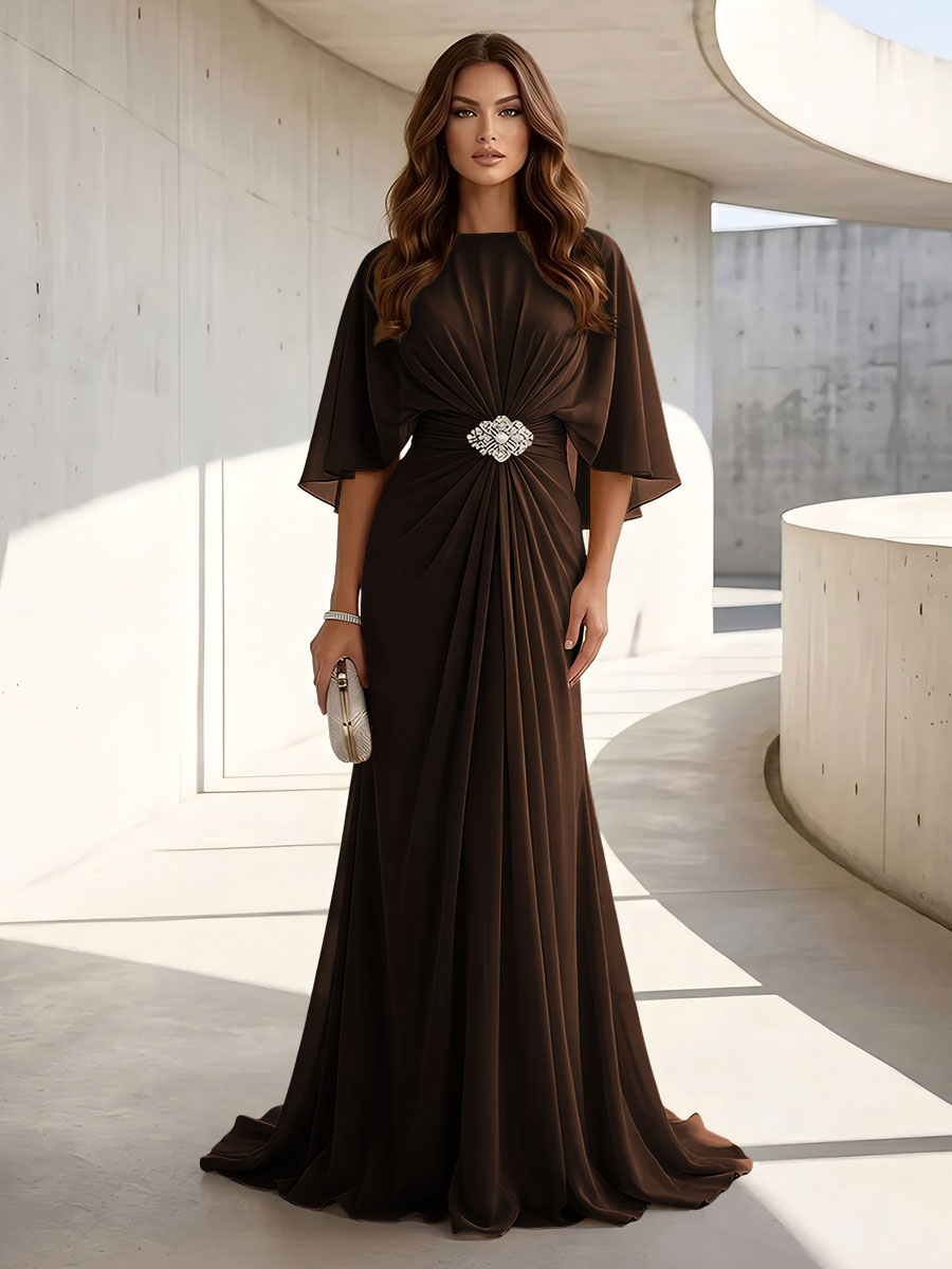 Chiffon A Line Jewel Neck Ruched High Waist Formal Dresses