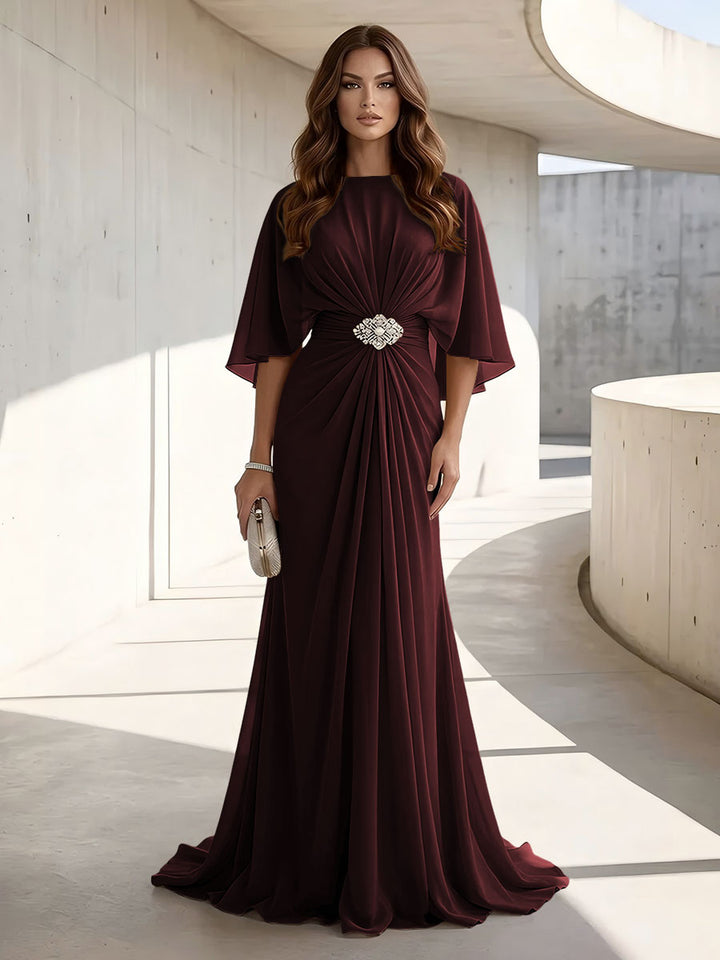 Chiffon A Line Jewel Neck Ruched High Waist Formal Dresses
