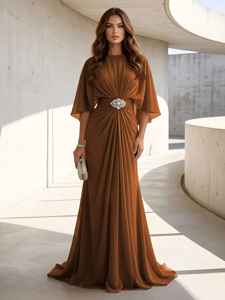 Chiffon A Line Jewel Neck Ruched High Waist Formal Dresses