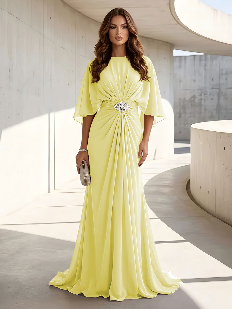 Chiffon A Line Jewel Neck Ruched High Waist Formal Dresses
