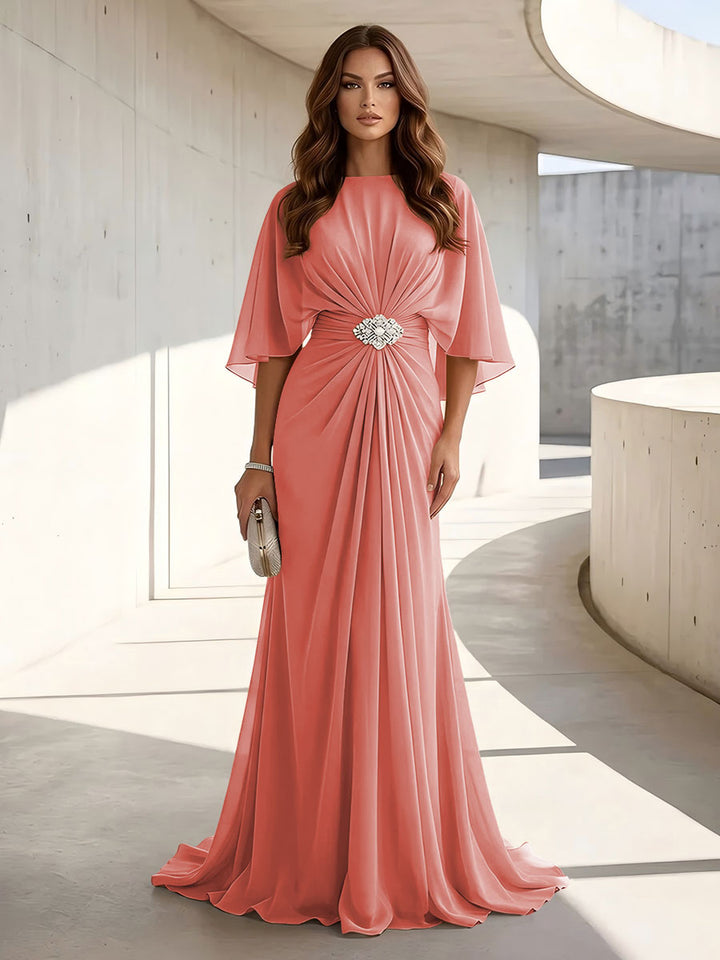 Chiffon A Line Jewel Neck Ruched High Waist Formal Dresses