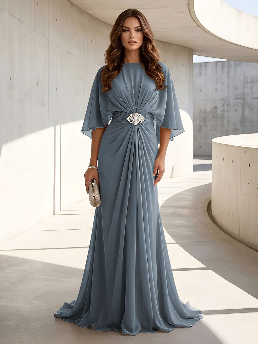 Chiffon A Line Jewel Neck Ruched High Waist Formal Dresses