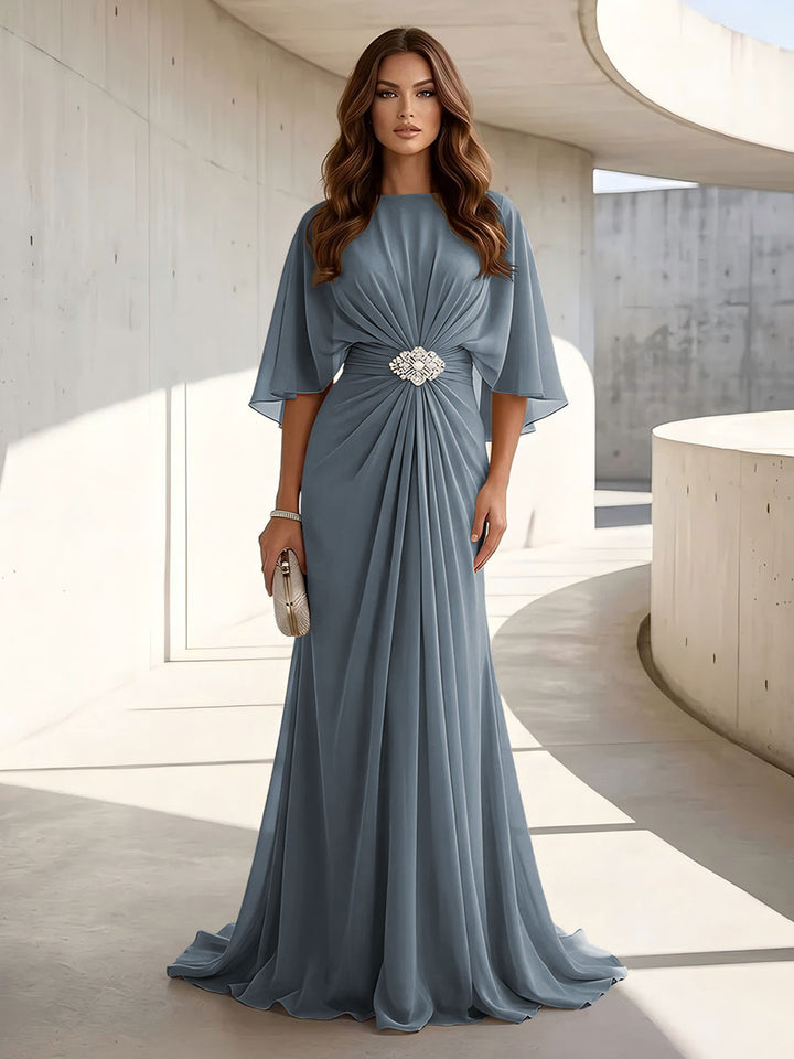 Chiffon A Line Jewel Neck Ruched High Waist Formal Dresses