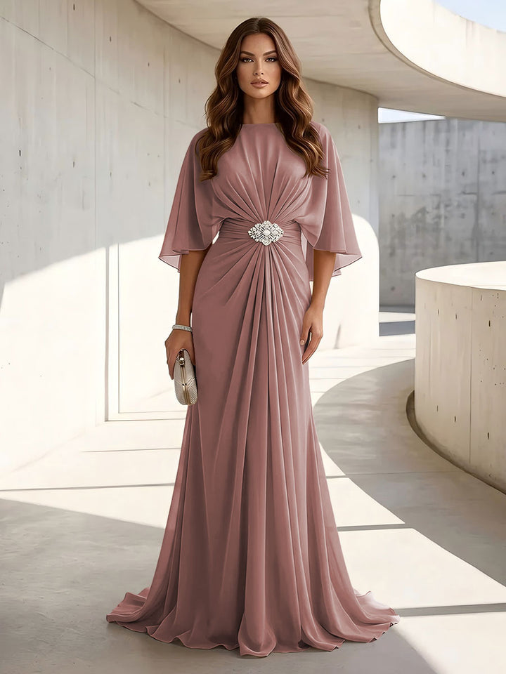 Chiffon A Line Jewel Neck Ruched High Waist Formal Dresses