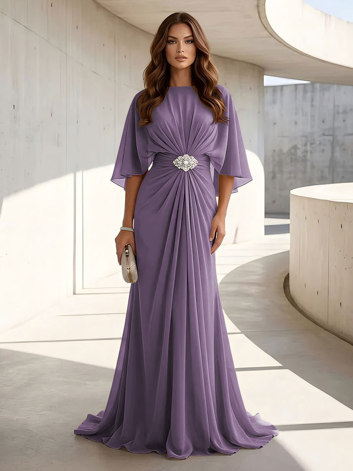 Chiffon A Line Jewel Neck Ruched High Waist Formal Dresses