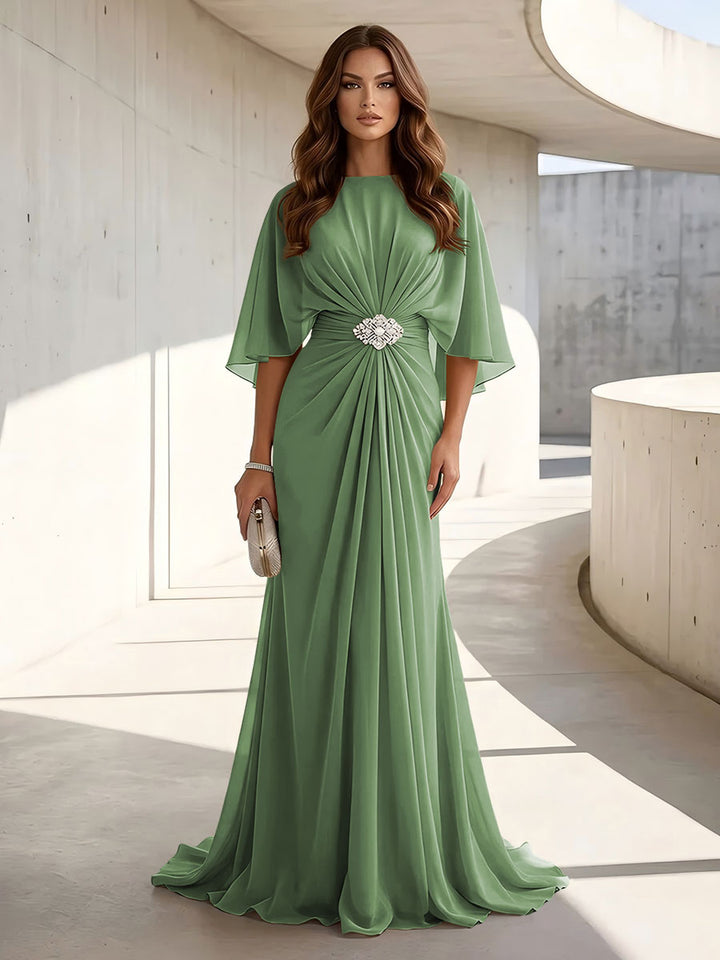 Chiffon A Line Jewel Neck Ruched High Waist Formal Dresses