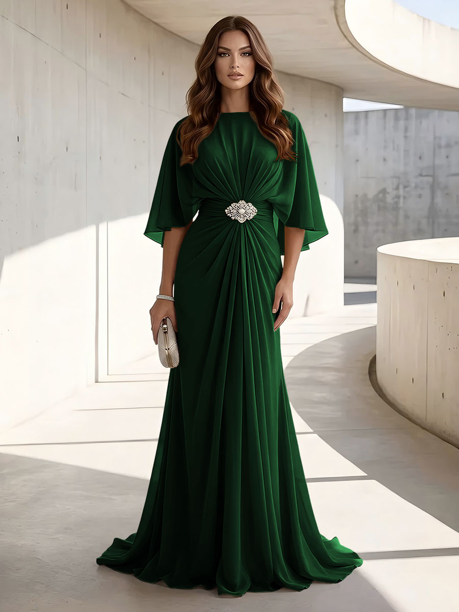 Chiffon A Line Jewel Neck Ruched High Waist Formal Dresses