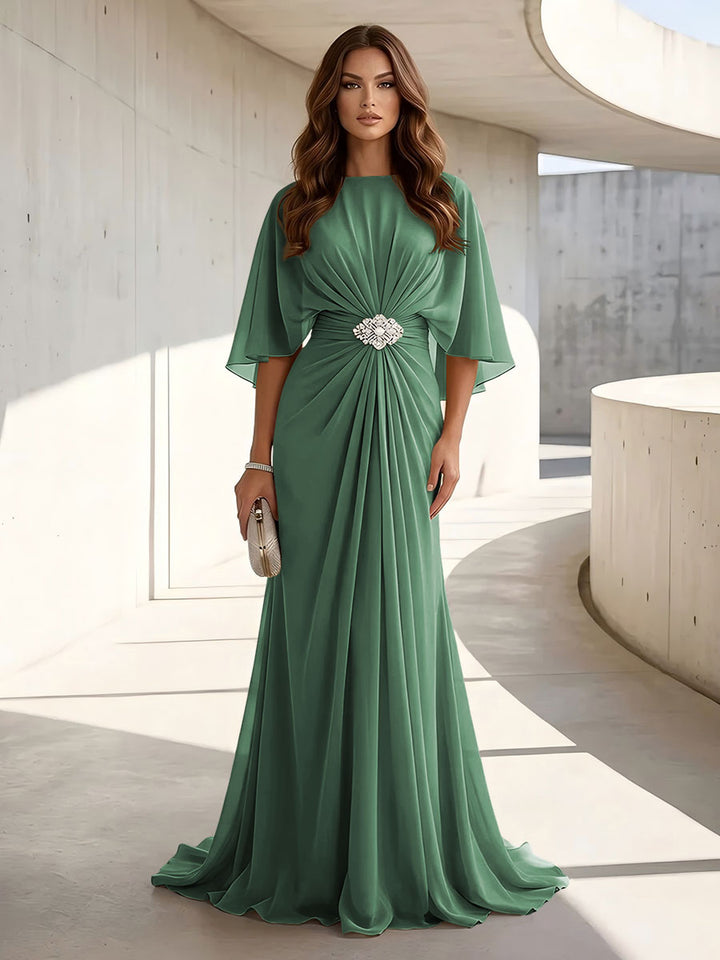 Chiffon A Line Jewel Neck Ruched High Waist Formal Dresses