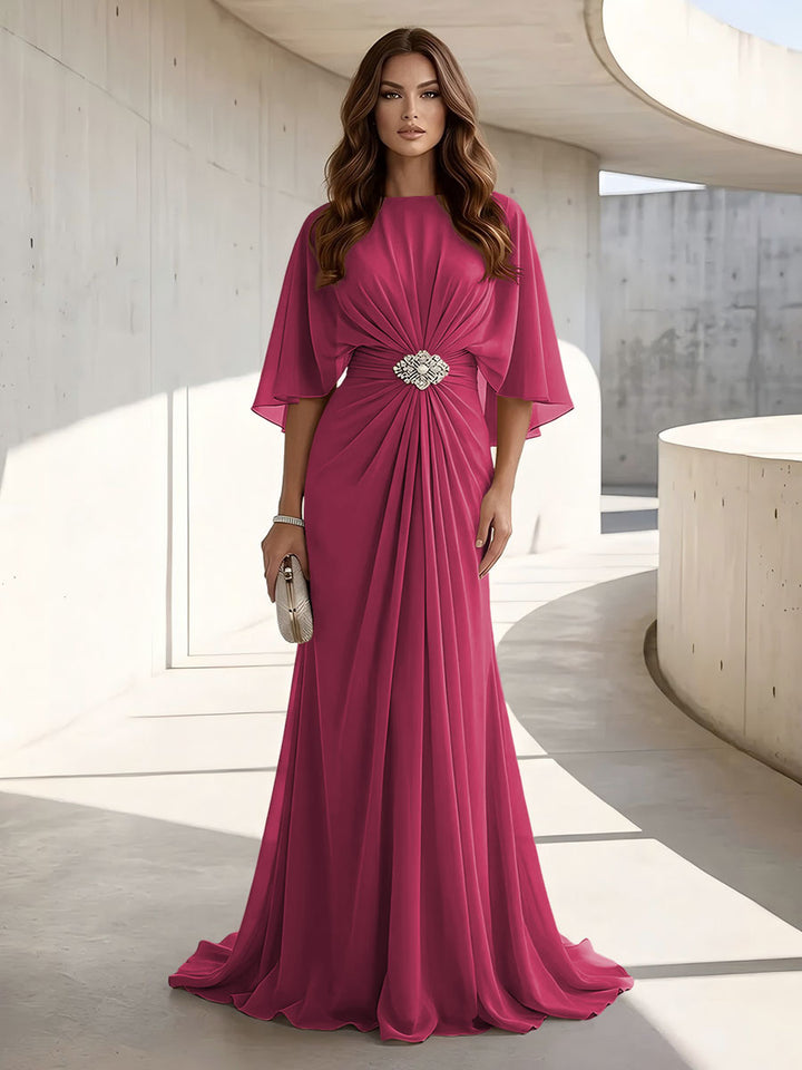 Chiffon A Line Jewel Neck Ruched High Waist Formal Dresses